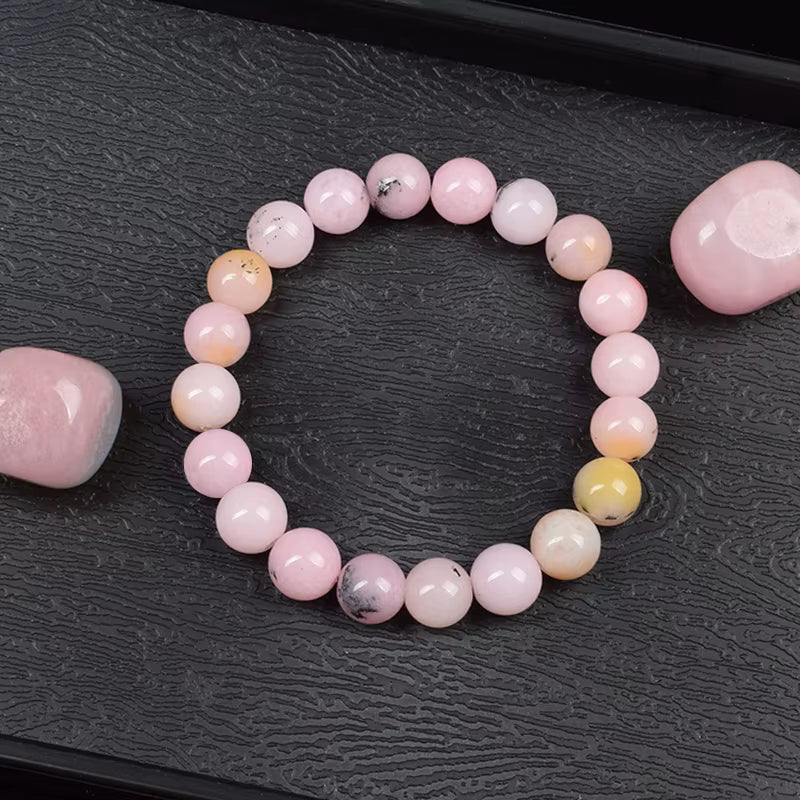 Pink Opal Bracelet with Crystal Quartz Beads Elastic for Women