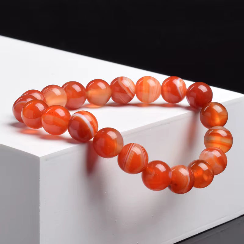 Red Carnelian Beaded Bracelet Natural Striped Agate Elastic Unisex