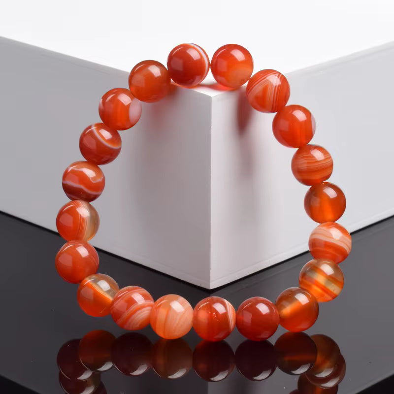 Red Carnelian Beaded Bracelet Natural Striped Agate Elastic Unisex