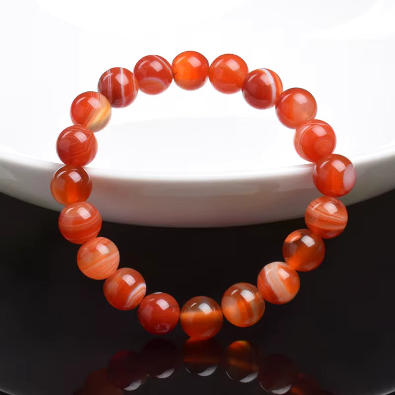 Red Carnelian Beaded Bracelet Natural Striped Agate Elastic Unisex