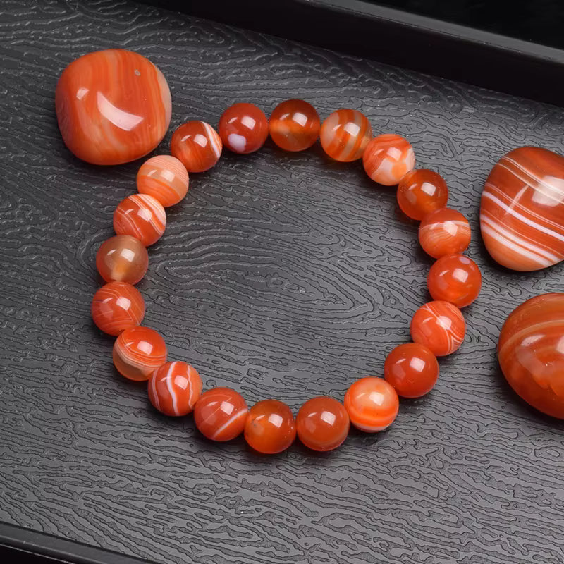 Red Carnelian Beaded Bracelet Natural Striped Agate Elastic Unisex