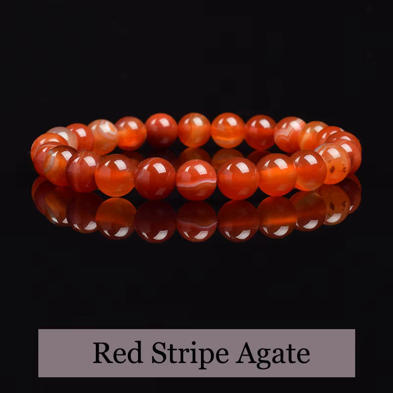 Red Carnelian Beaded Bracelet Natural Striped Agate Elastic Unisex