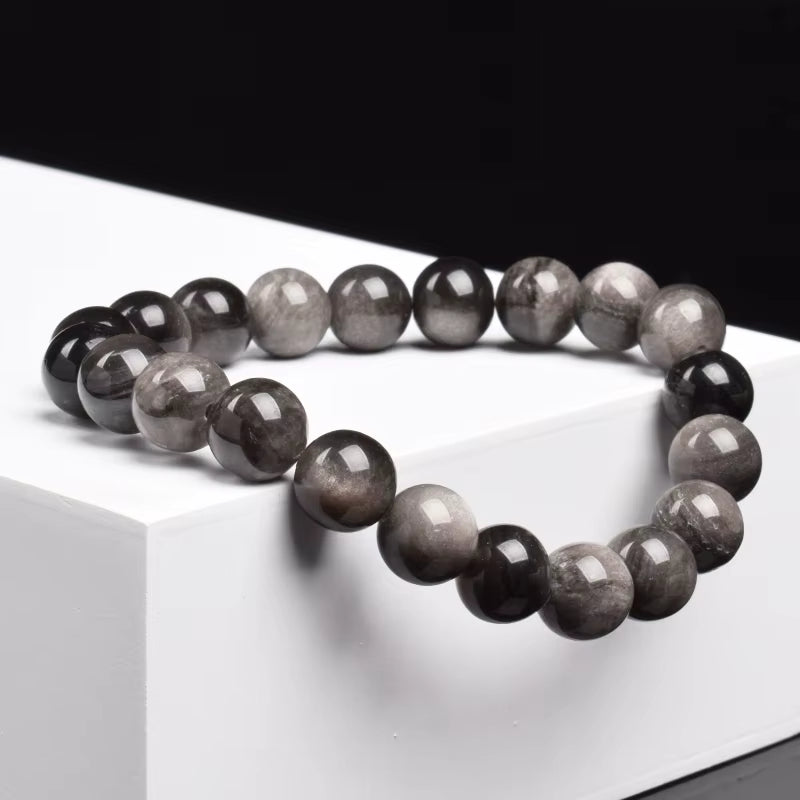 Silver Obsidian Beaded Bracelet 8mm Elastic Unisex Black