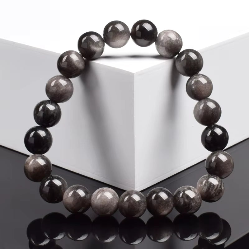 Silver Obsidian Beaded Bracelet 8mm Elastic Unisex Black