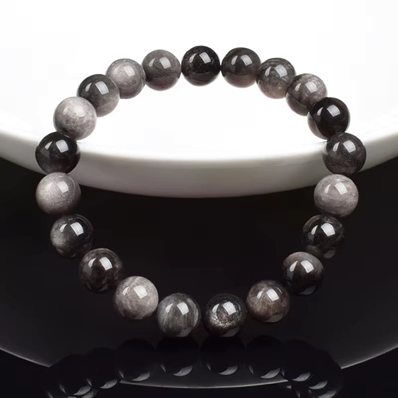 Silver Obsidian Beaded Bracelet 8mm Elastic Unisex Black