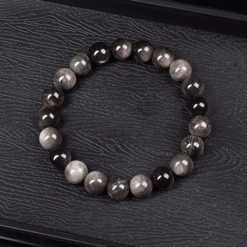 Silver Obsidian Beaded Bracelet 8mm Elastic Unisex Black