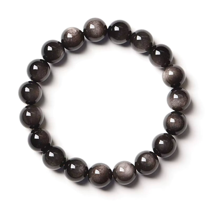 Silver Obsidian Beaded Bracelet 8mm Elastic Unisex Black