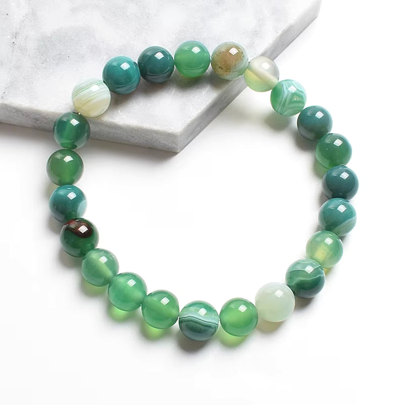 Striped Agate Bracelet Natural Green Veined Round Elastic Handmade