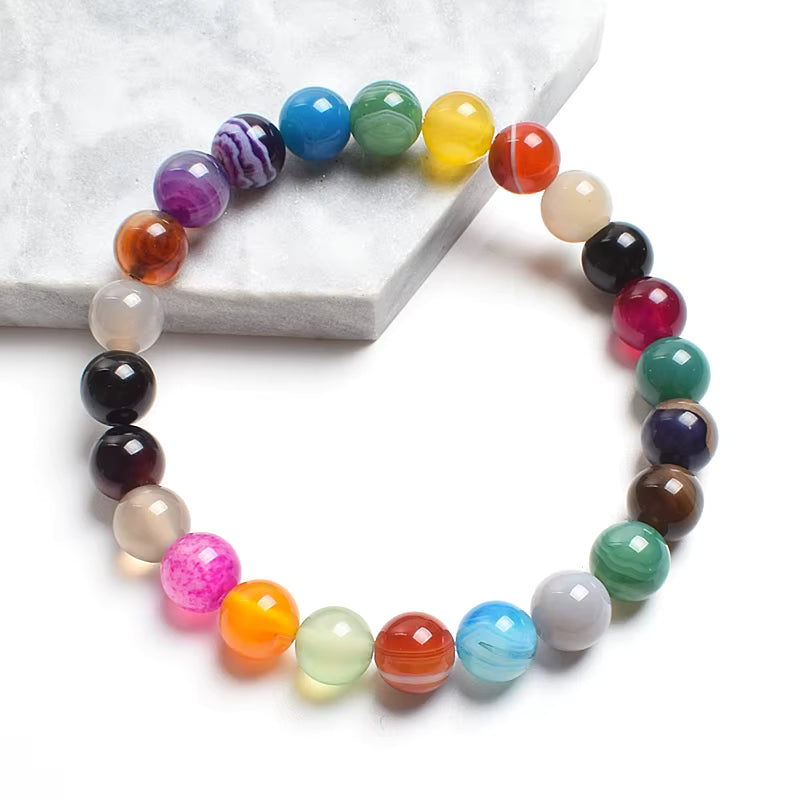Striped Agate Bracelet Natural Green Veined Round Elastic Handmade