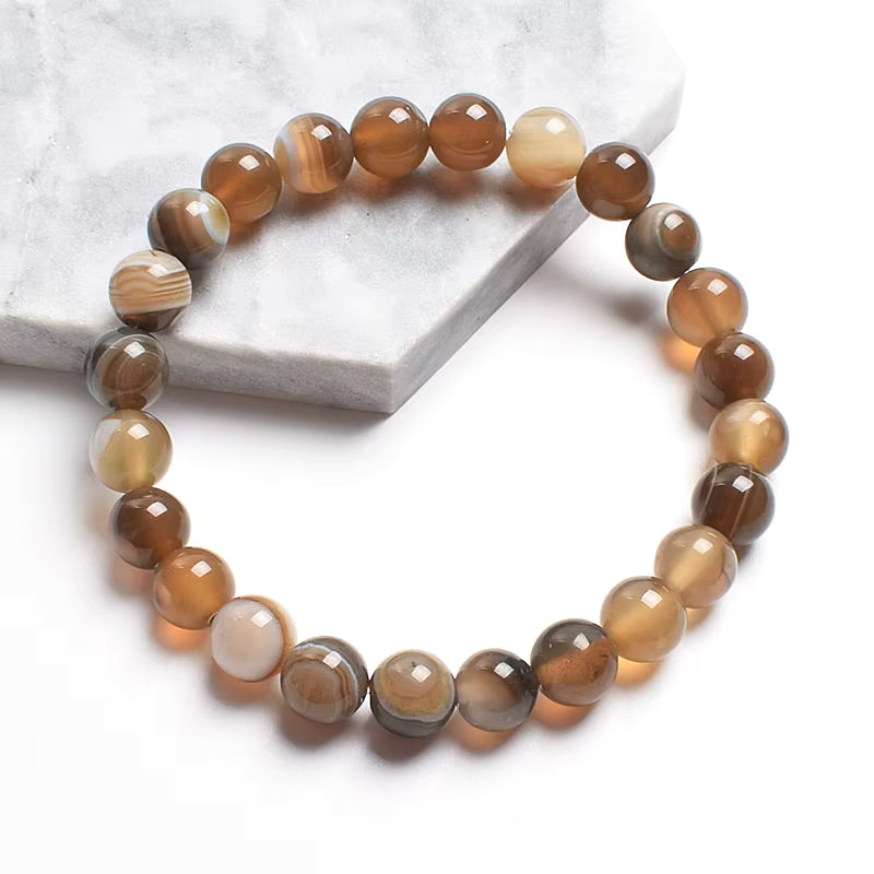 Striped Agate Bracelet Natural Green Veined Round Elastic Handmade