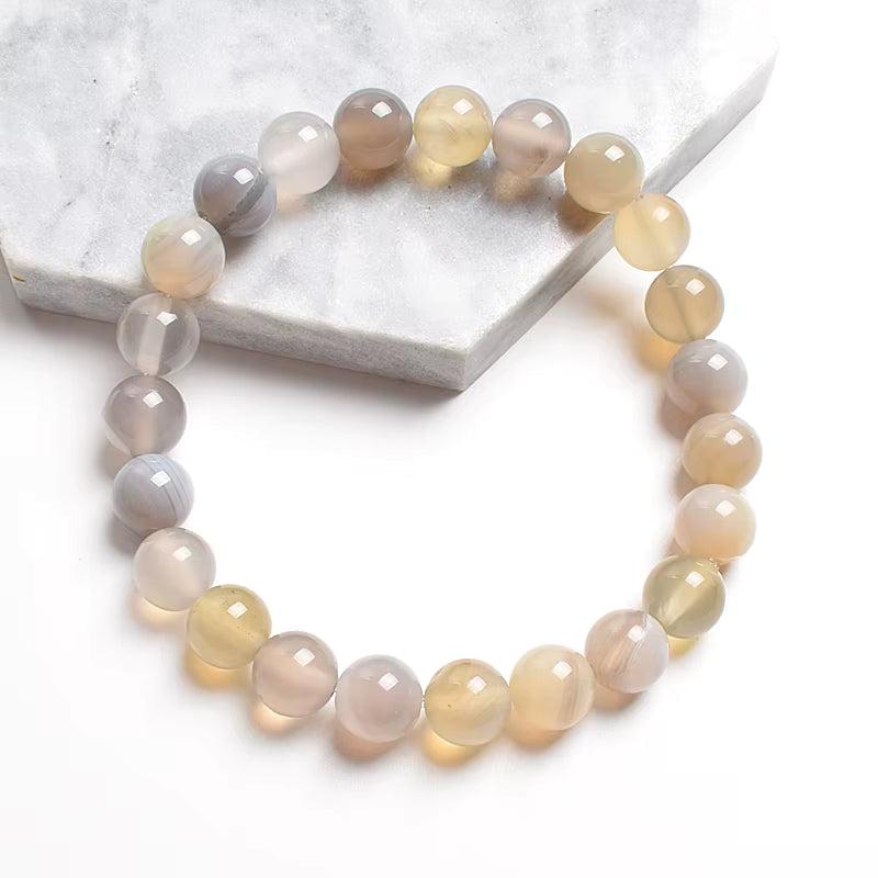 Striped Agate Bracelet Natural Green Veined Round Elastic Handmade