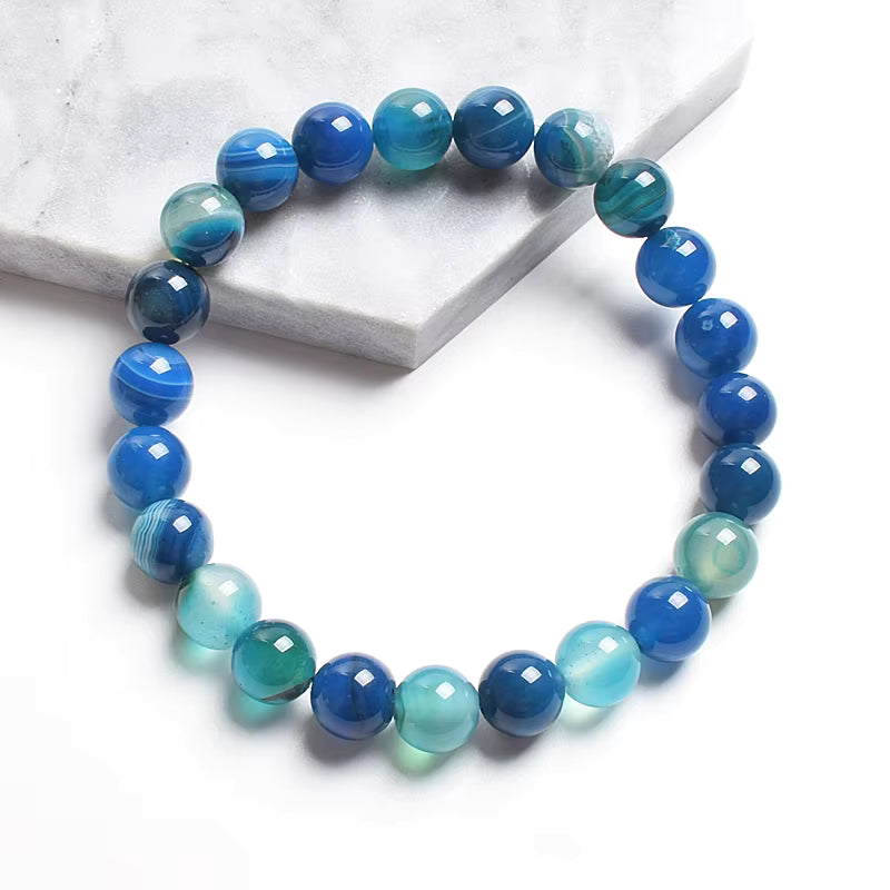 Striped Agate Bracelet Natural Green Veined Round Elastic Handmade