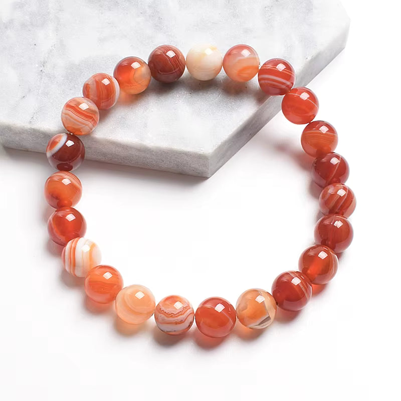 Striped Agate Bracelet Natural Green Veined Round Elastic Handmade