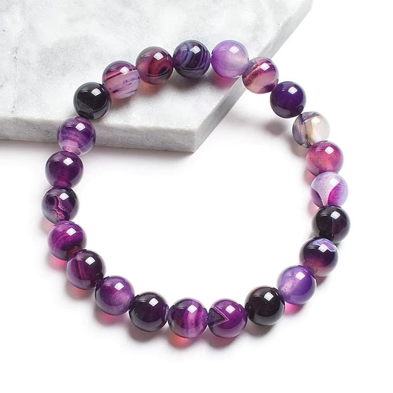 Striped Agate Bracelet Natural Green Veined Round Elastic Handmade