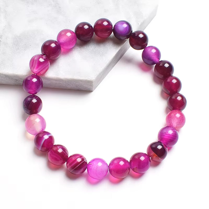 Striped Agate Bracelet Natural Green Veined Round Elastic Handmade