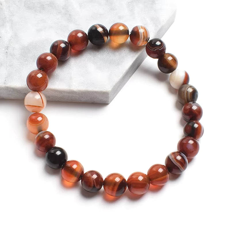 Striped Agate Bracelet Natural Green Veined Round Elastic Handmade