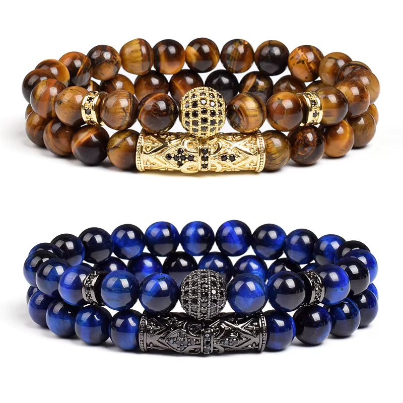 Tiger Eye Bracelet 8mm Elastic Unisex Set with Cubic Zirconia 2pc