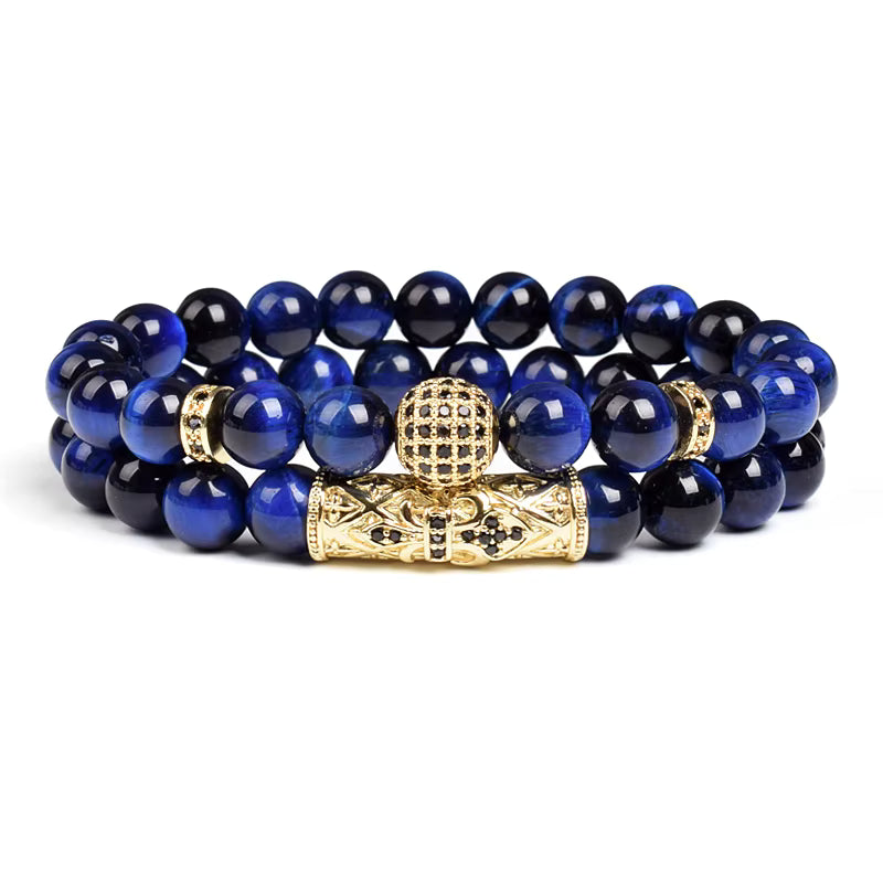 Tiger Eye Bracelet 8mm Elastic Unisex Set with Cubic Zirconia 2pc