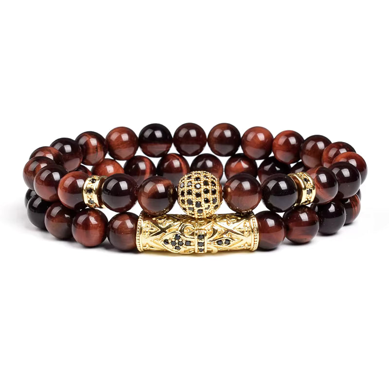 Tiger Eye Bracelet 8mm Elastic Unisex Set with Cubic Zirconia 2pc