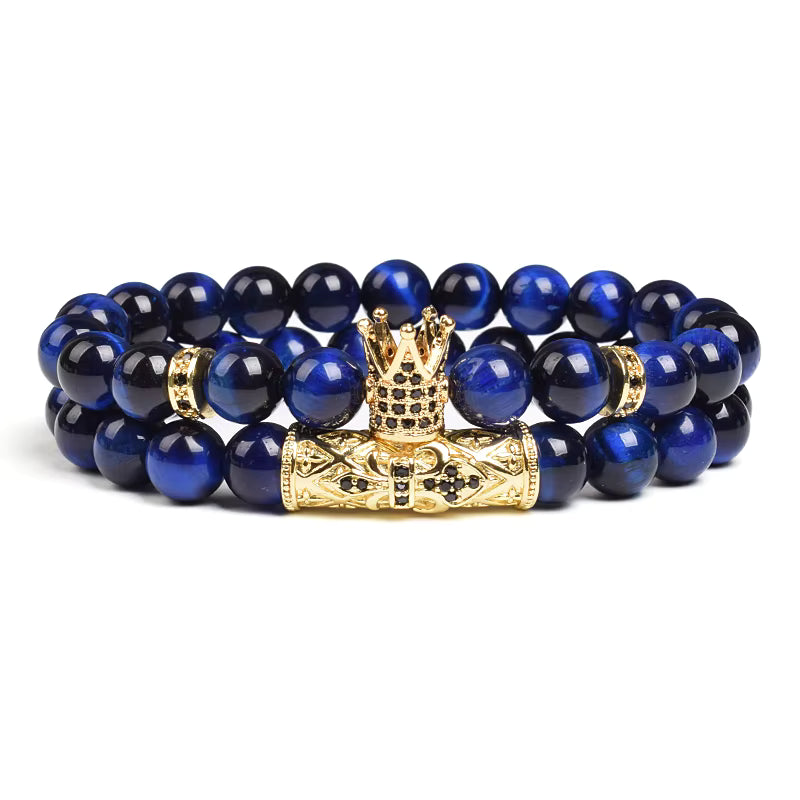 Tiger Eye Bracelet 8mm Elastic Unisex Set with Cubic Zirconia 2pc