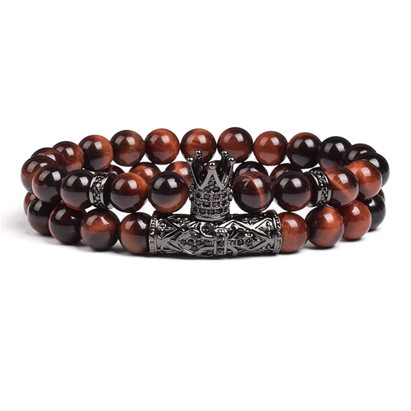 Tiger Eye Bracelet 8mm Elastic Unisex Set with Cubic Zirconia 2pc