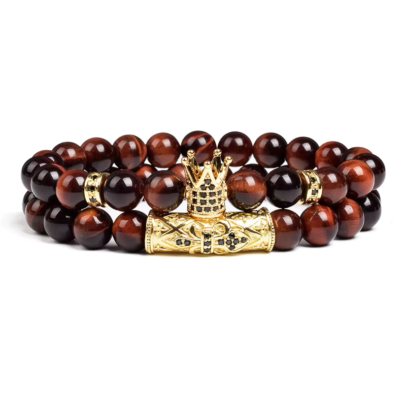 Tiger Eye Bracelet 8mm Elastic Unisex Set with Cubic Zirconia 2pc