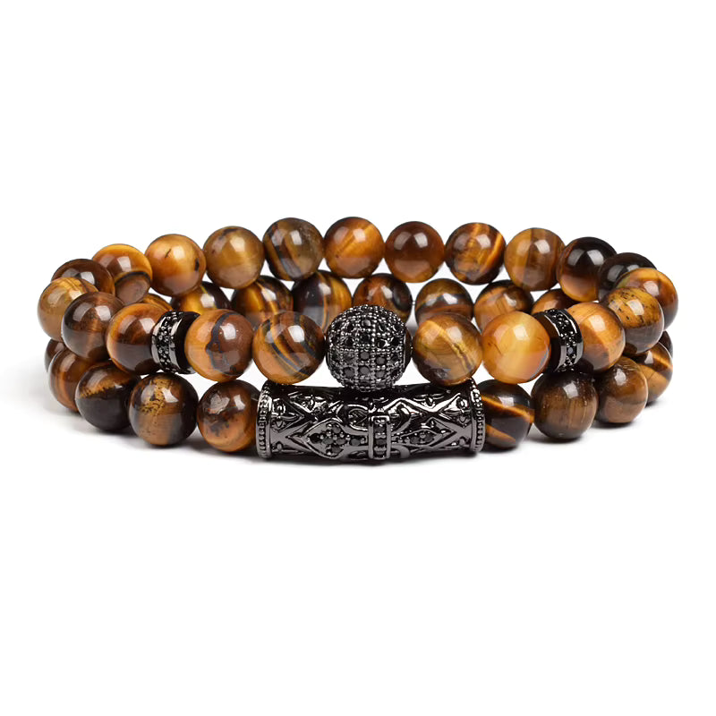 Tiger Eye Bracelet 8mm Elastic Unisex Set with Cubic Zirconia 2pc