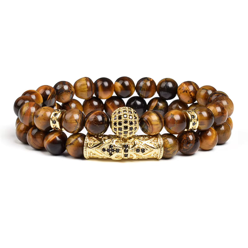 Tiger Eye Bracelet 8mm Elastic Unisex Set with Cubic Zirconia 2pc