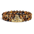 Tiger Eye Bracelet 8mm Elastic Unisex Set with Cubic Zirconia 2pc