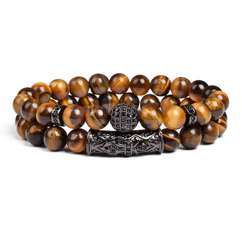 Tiger Eye Bracelet 8mm Elastic Unisex Set with Cubic Zirconia 2pc