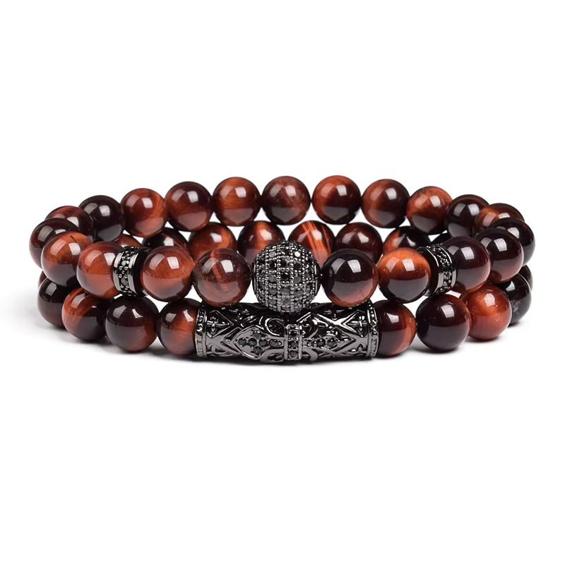 Tiger Eye Bracelet 8mm Elastic Unisex Set with Cubic Zirconia 2pc
