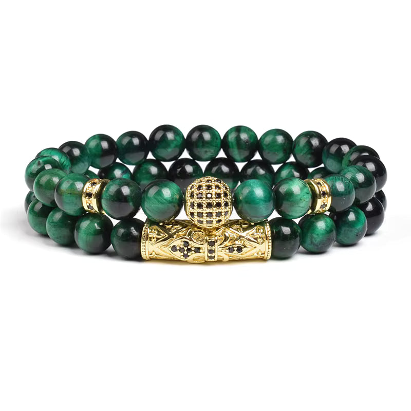 Tiger Eye Bracelet 8mm Elastic Unisex Set with Cubic Zirconia 2pc