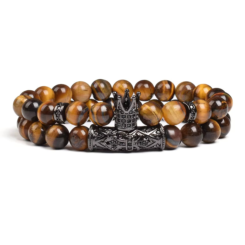 Tiger Eye Bracelet 8mm Elastic Unisex Set with Cubic Zirconia 2pc