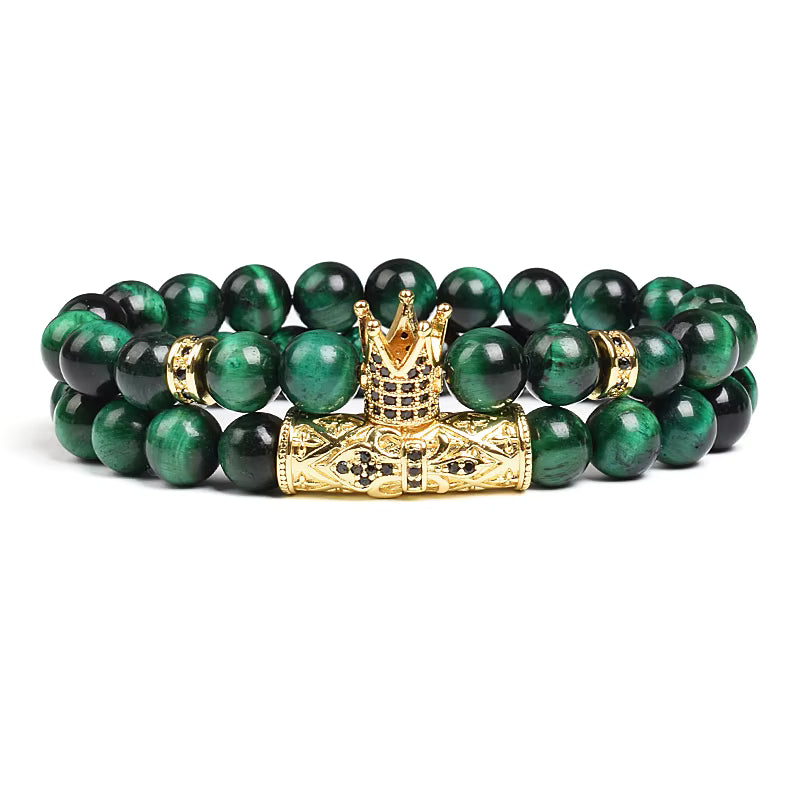 Tiger Eye Bracelet 8mm Elastic Unisex Set with Cubic Zirconia 2pc