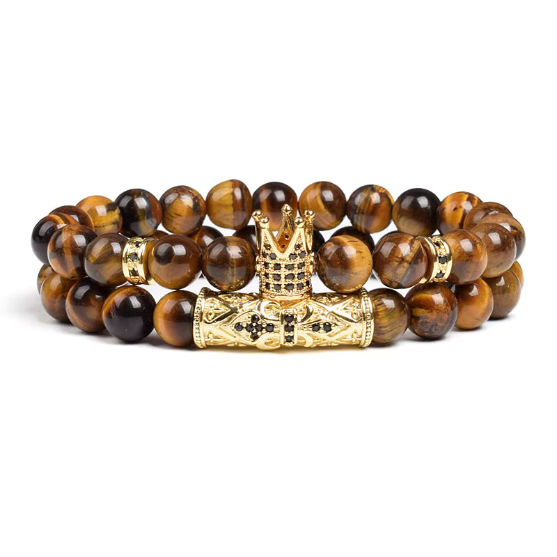 Tiger Eye Bracelet 8mm Elastic Unisex Set with Cubic Zirconia 2pc