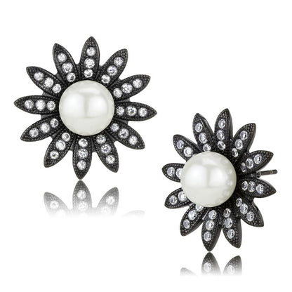 TK3484 - IP Black(Ion Plating) Stainless Steel Earrings with Synthetic Pearl in White-0