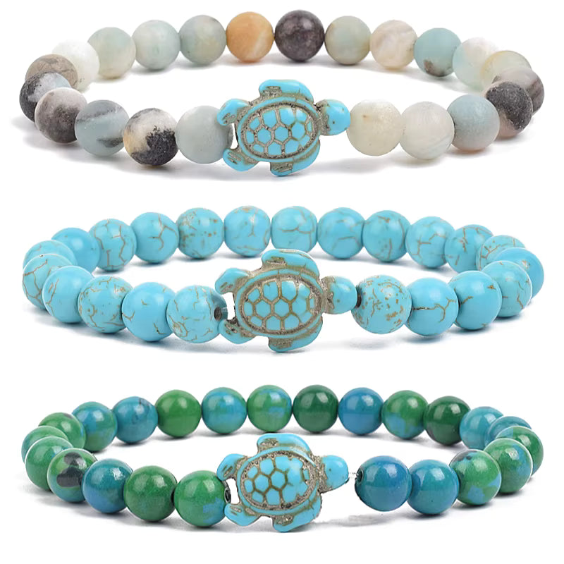 Turquoise Beaded Bracelet Sea Turtle 8mm Elastic Stretch