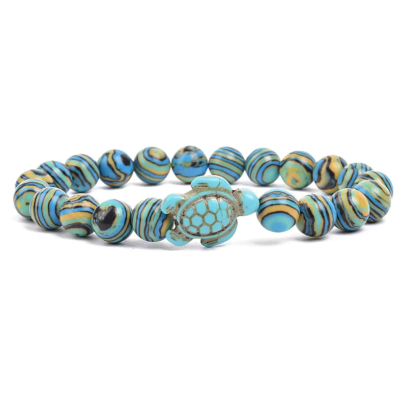 Turquoise Beaded Bracelet Sea Turtle 8mm Elastic Stretch