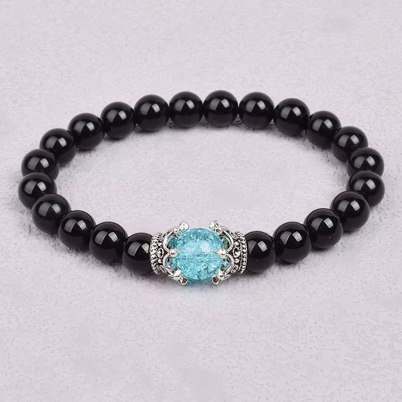 White Stone Beaded Bracelet 8mm with Crown Charm Unisex Elastic