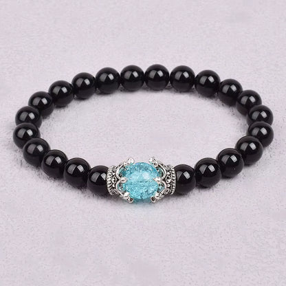 White Stone Beaded Bracelet 8mm with Crown Charm Unisex Elastic
