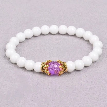 White Stone Beaded Bracelet 8mm with Crown Charm Unisex Elastic