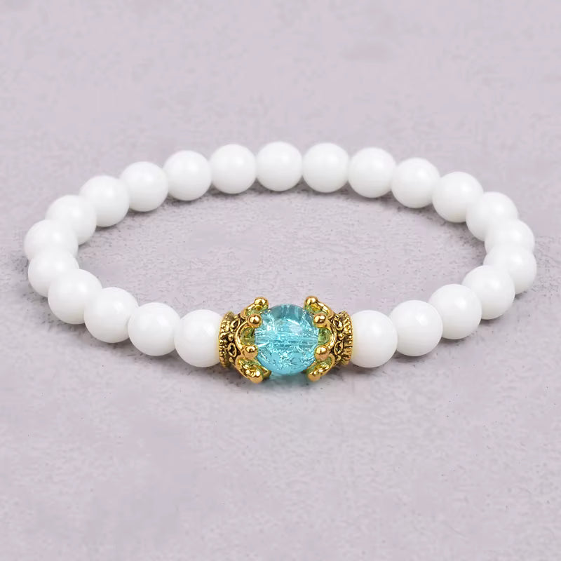 White Stone Beaded Bracelet 8mm with Crown Charm Unisex Elastic