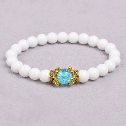 White Stone Beaded Bracelet 8mm with Crown Charm Unisex Elastic