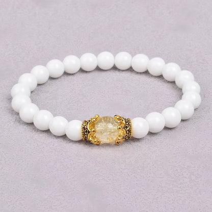 White Stone Beaded Bracelet 8mm with Crown Charm Unisex Elastic