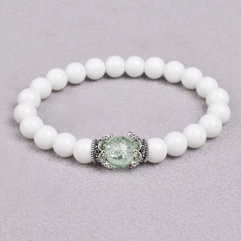 White Stone Beaded Bracelet 8mm with Crown Charm Unisex Elastic