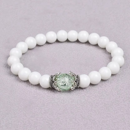 White Stone Beaded Bracelet 8mm with Crown Charm Unisex Elastic