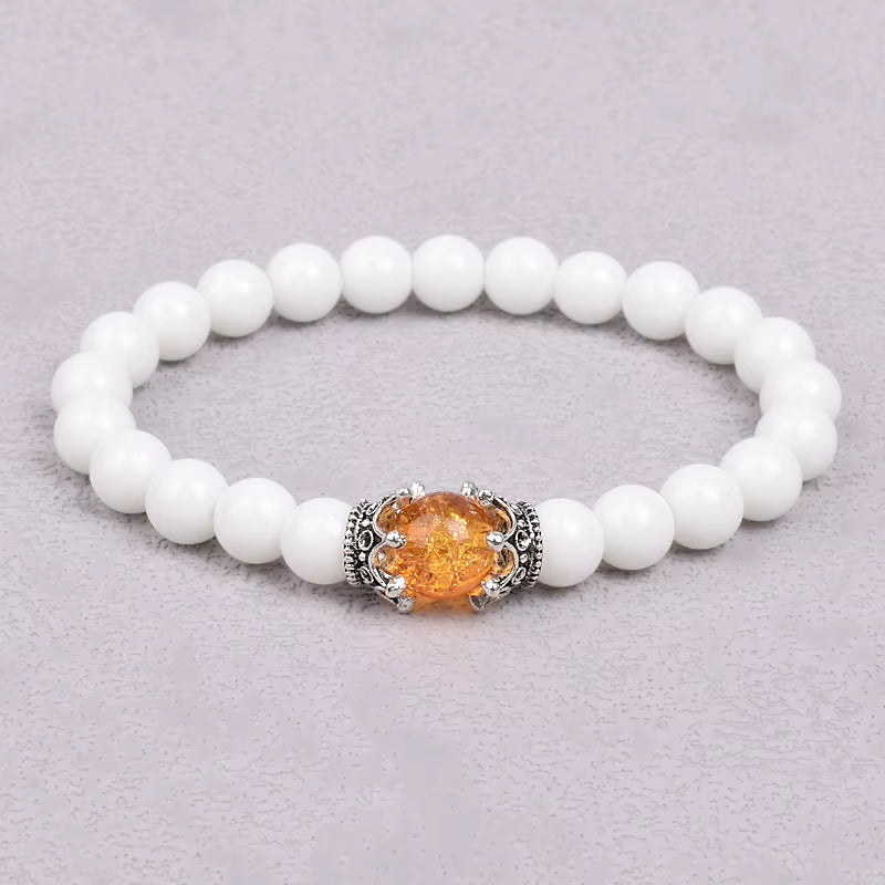 White Stone Beaded Bracelet 8mm with Crown Charm Unisex Elastic