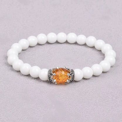 White Stone Beaded Bracelet 8mm with Crown Charm Unisex Elastic