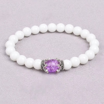 White Stone Beaded Bracelet 8mm with Crown Charm Unisex Elastic