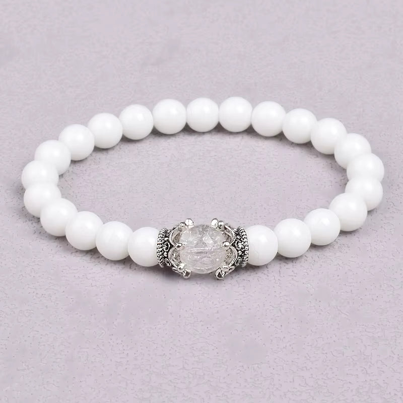 White Stone Beaded Bracelet 8mm with Crown Charm Unisex Elastic